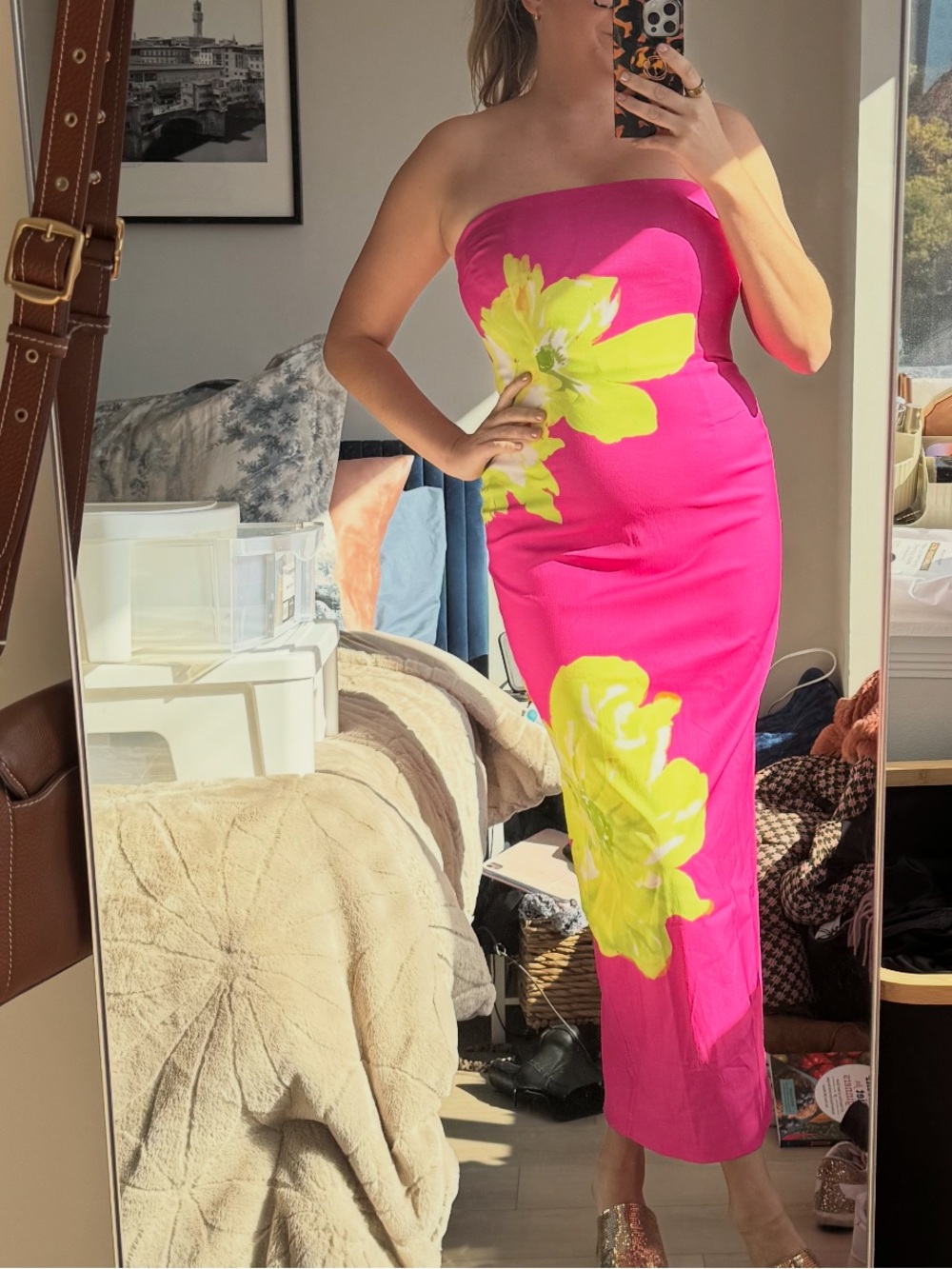 Strapless Hot Pink Floral Midi Dress with Yellow Accents